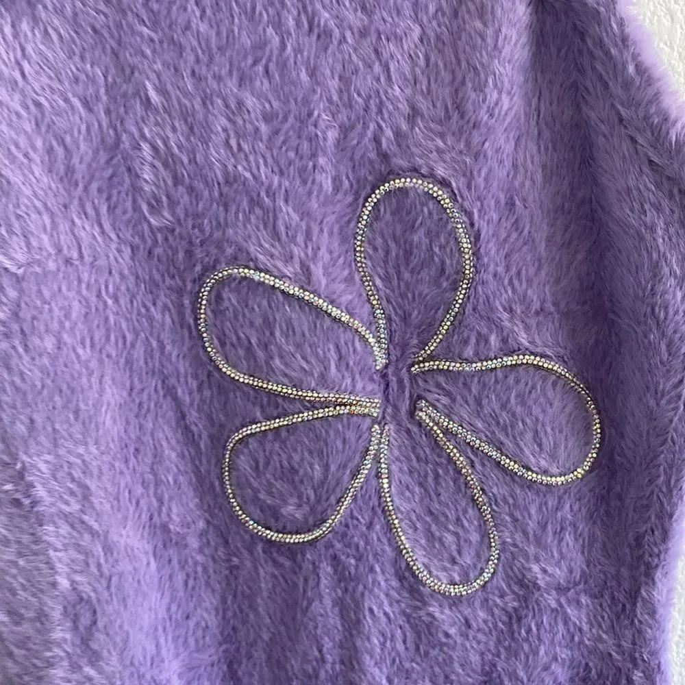 For Love and Lemons Finley Purple Fluffy Floral One Sleeve Mini Dress Size M NWT - Picture 4 of 6